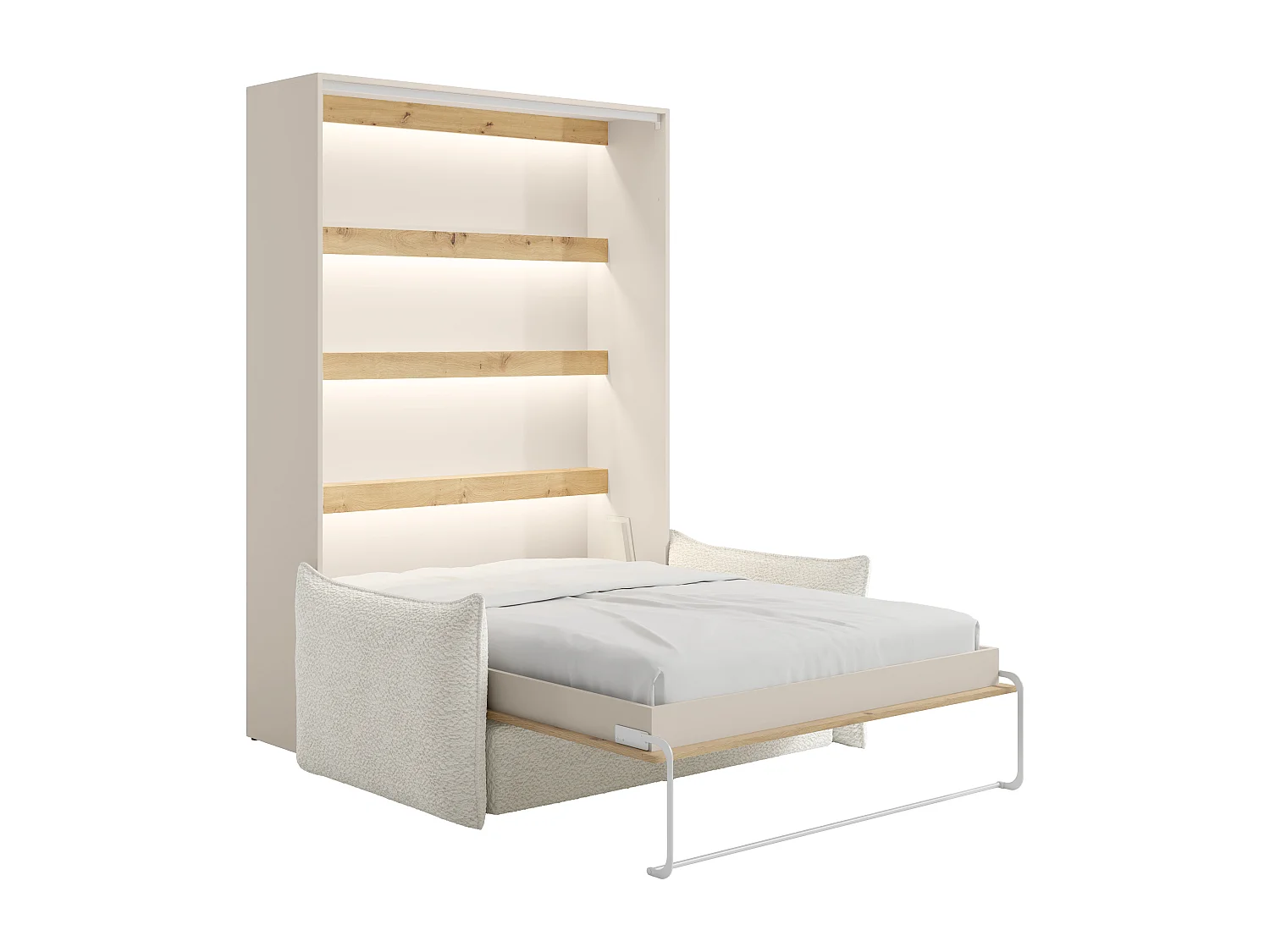 Lit escamotable 160 x 200 cm - Ouverture verticale manuelle - Avec LEDs - Beige et naturel + Canapé - RAPILI