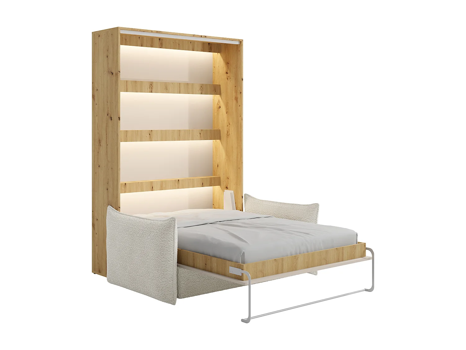 Cama abatible 160 x 200 cm - Apertura vertical manual - Con LEDs - Beige y natural + Sofá - RAPILI