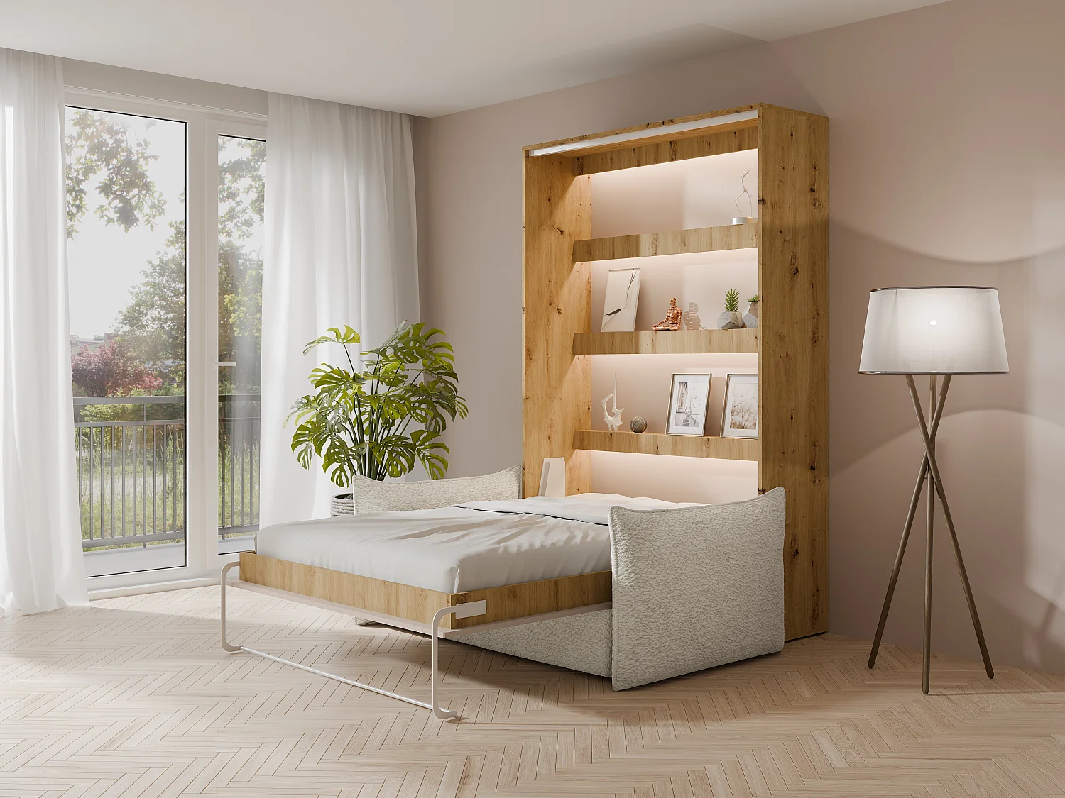 Cama abatible 160 x 200 cm - Apertura vertical manual - Con LEDs - Beige y natural + Sofá - RAPILI