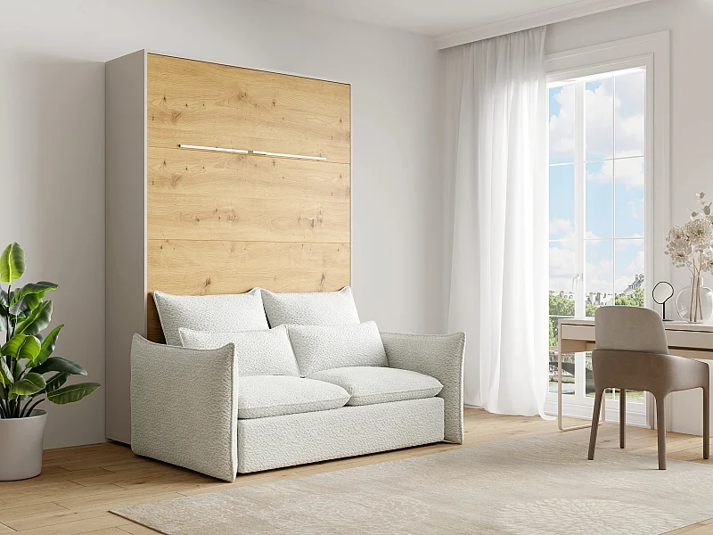 Letto a scomparsa 160 x 200 cm Apertura verticale manuale Con LED Beige e naturale + Divano - RAPILI