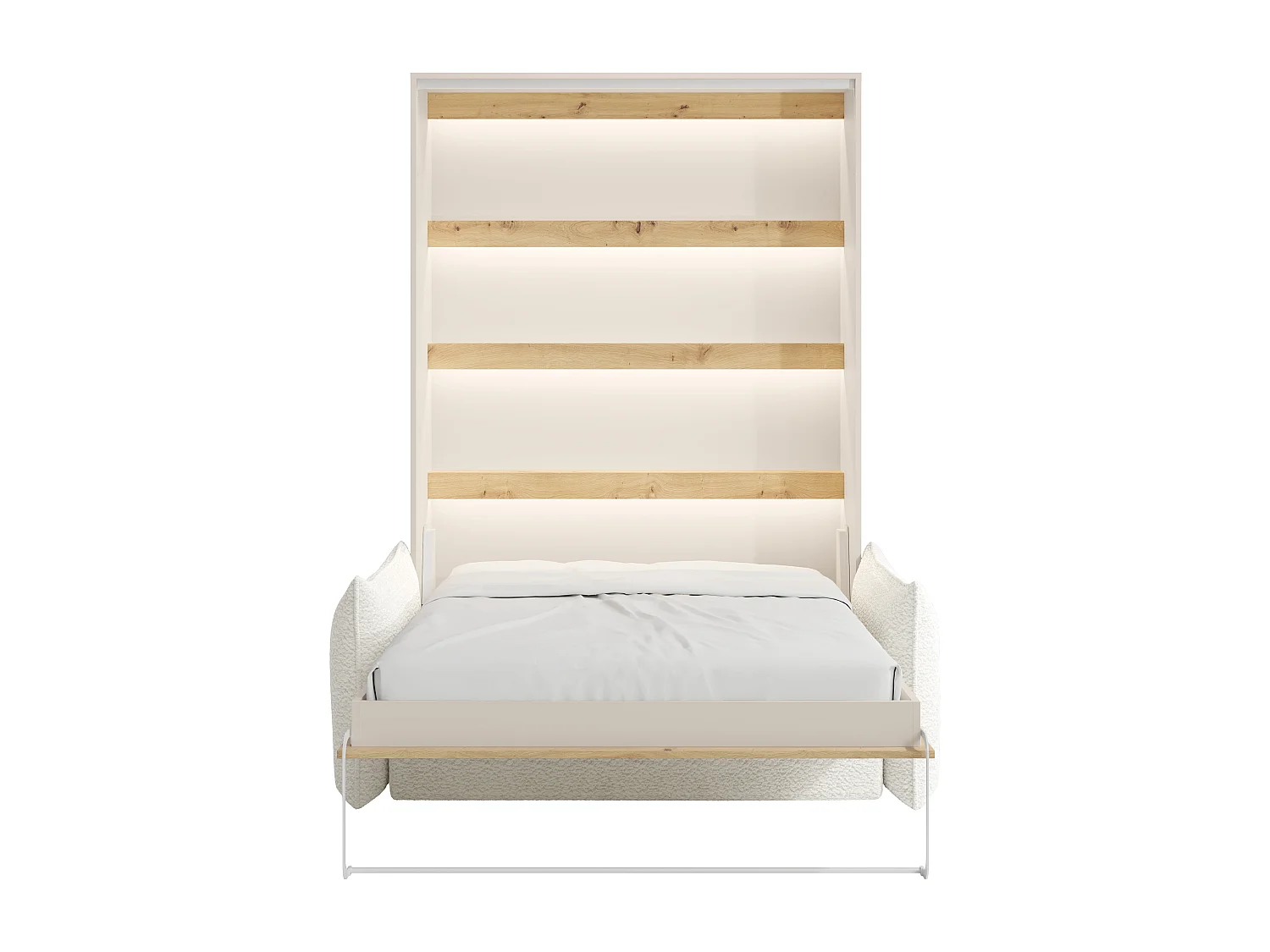 Lit escamotable 160 x 200 cm - Ouverture verticale manuelle - Avec LEDs - Beige et naturel + Canapé + Matelas - RAPILI