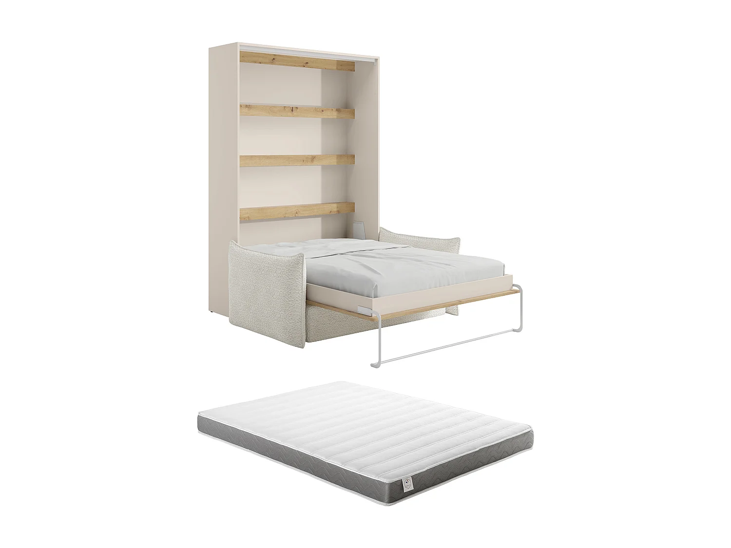 Lit escamotable 160 x 200 cm - Ouverture verticale manuelle - Avec LEDs - Beige et naturel + Canapé + Matelas - RAPILI