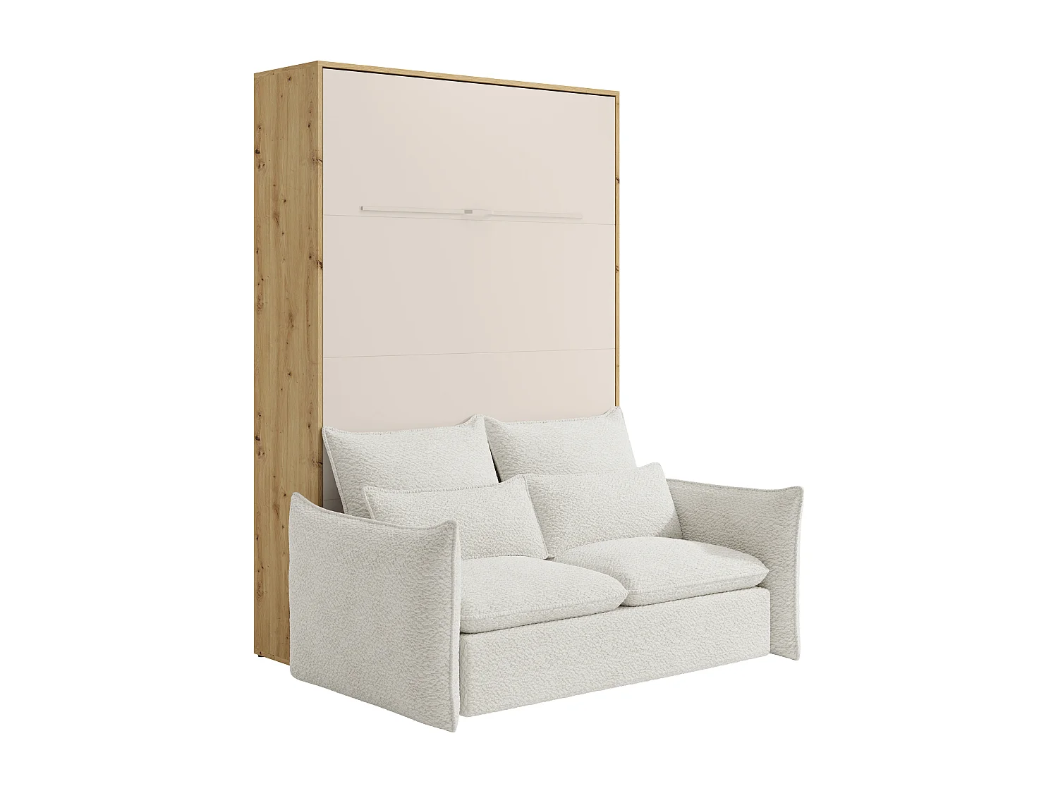 Lit escamotable 160 x 200 cm - Ouverture verticale manuelle - Avec LEDs - Beige et naturel + Canapé en tissu bouclette beige + Matelas - RAPILI