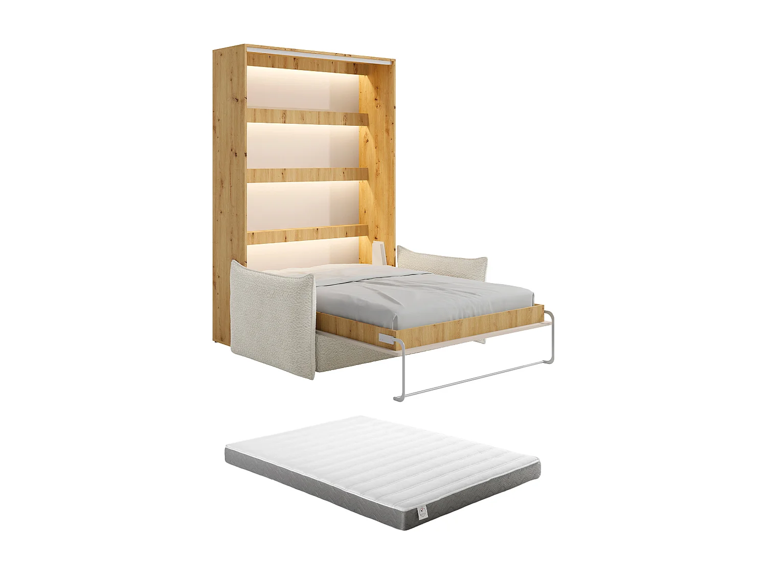 Lit escamotable 160 x 200 cm - Ouverture verticale manuelle - Avec LEDs - Beige et naturel + Canapé en tissu bouclette beige + Matelas - RAPILI