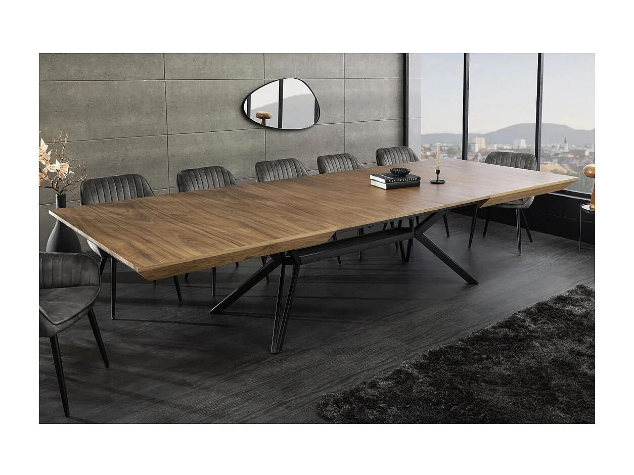 Table de salle à manger RADIAM – MDF plaqué noyer foncé et métal – 200-320 cm – Extensible