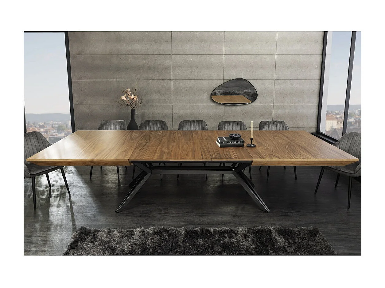 Table de salle à manger RADIAM – MDF plaqué noyer foncé et métal – 200-320 cm – Extensible