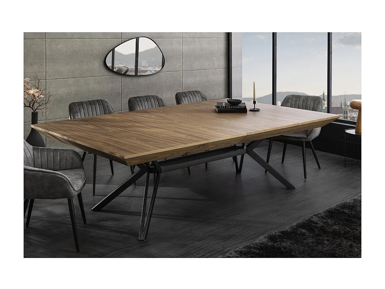Table de salle à manger RADIAM – MDF plaqué noyer foncé et métal – 200-320 cm – Extensible