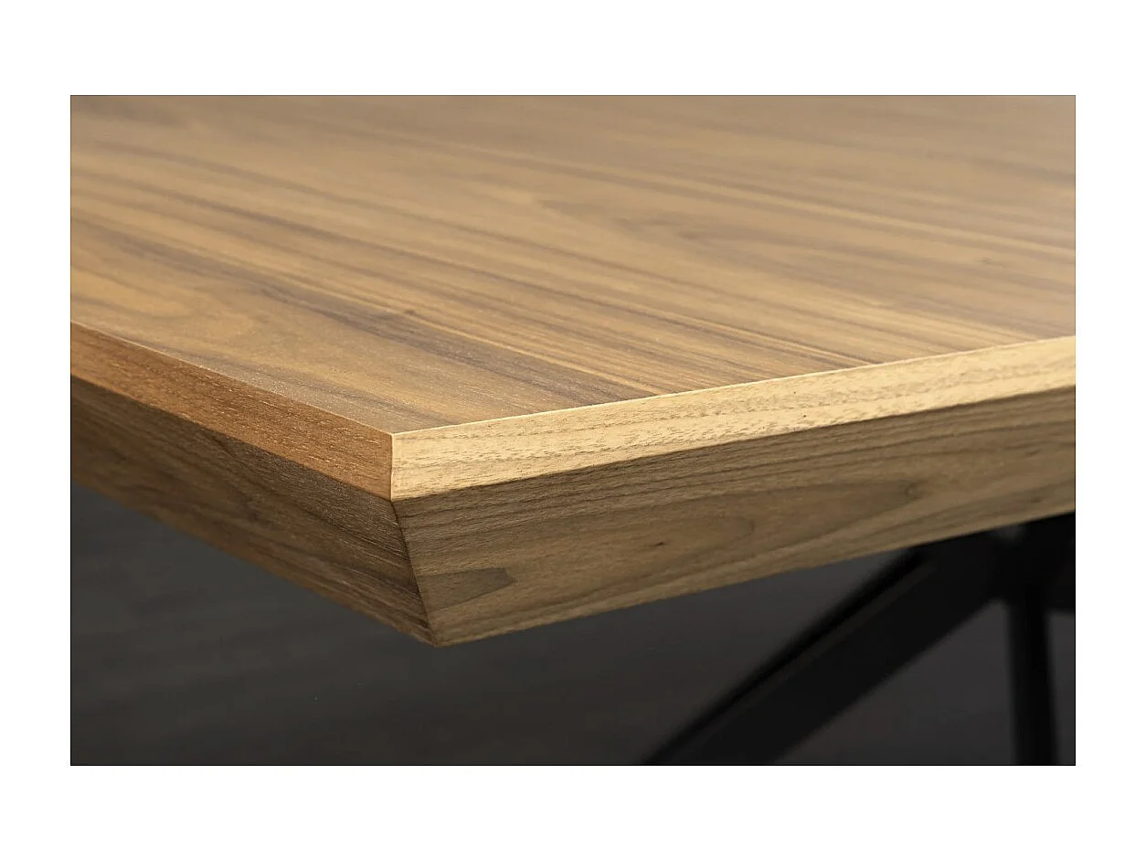 Table de salle à manger RADIAM – MDF plaqué noyer foncé et métal – 200-320 cm – Extensible