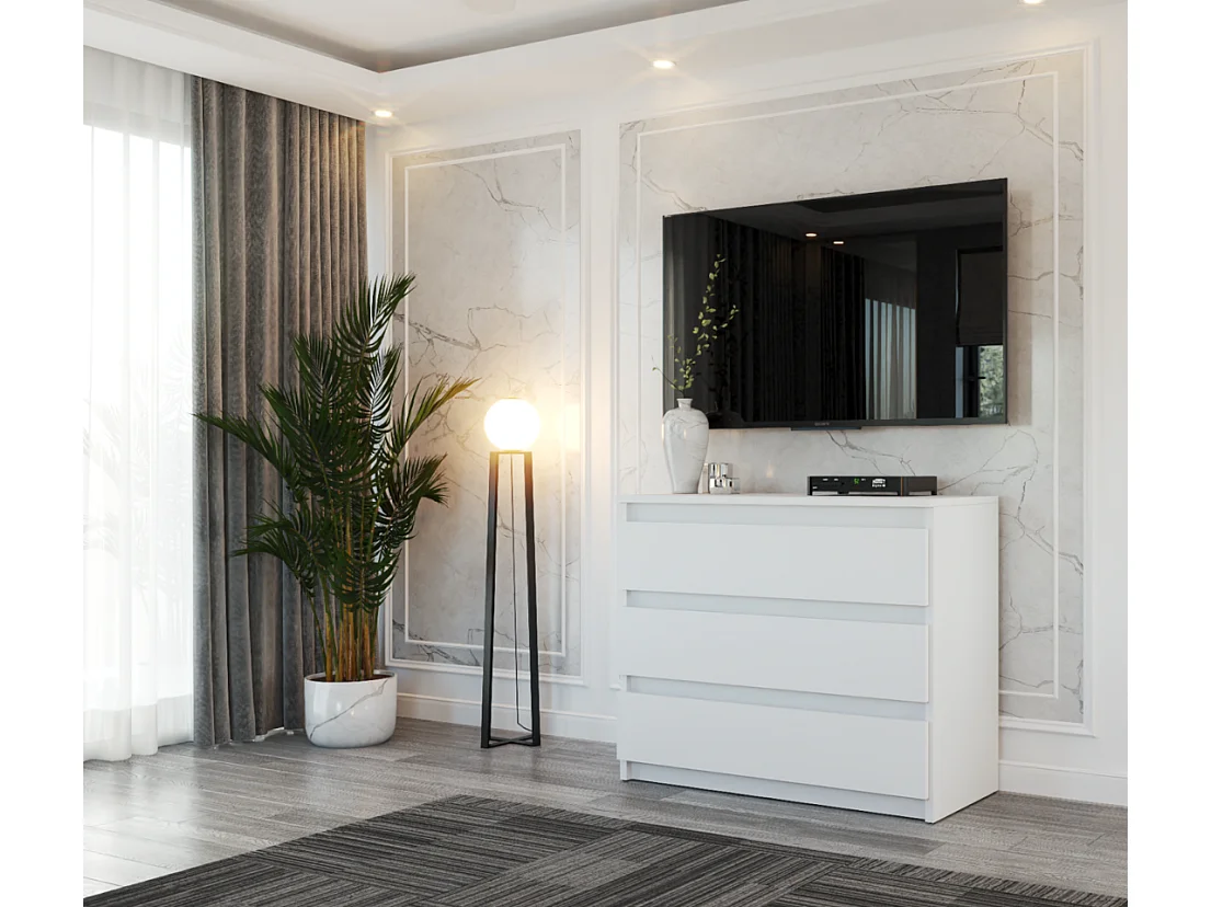 Commode Blanc mat  avec 3 tiroirs 80 cm – meuble TV, mobilier pour salon et chambre