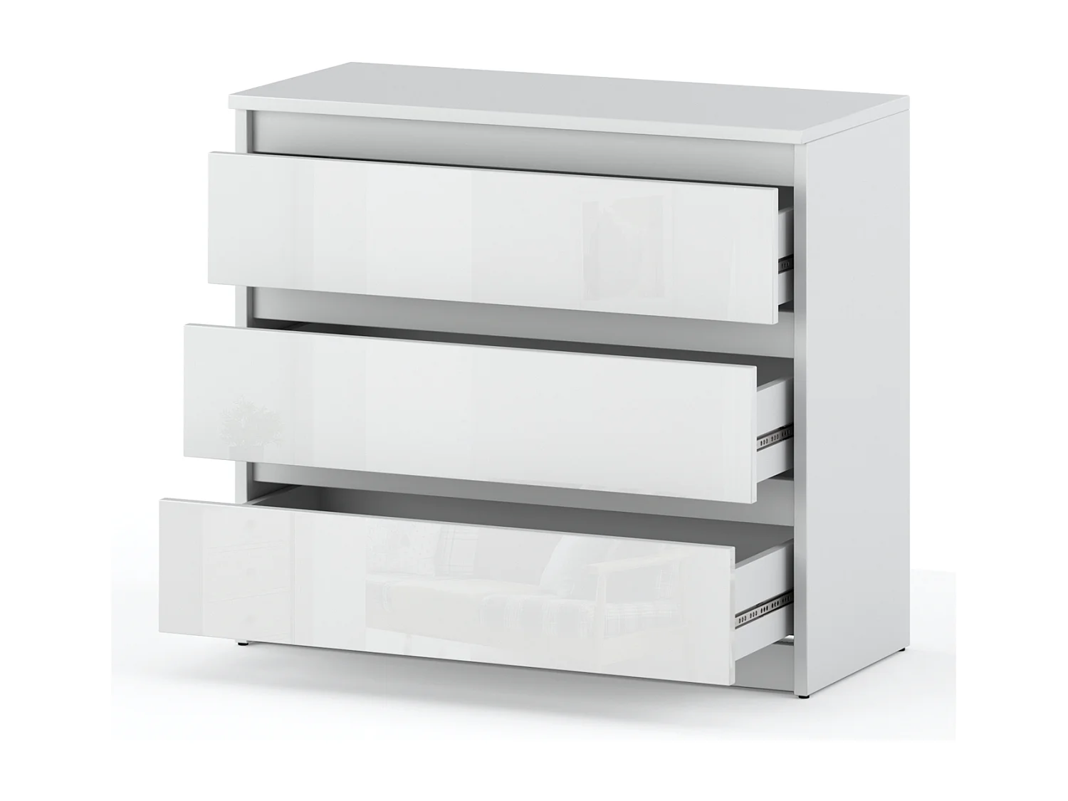 Commode Blanc brillant avec 3 tiroirs 80 cm – meuble TV, mobilier pour salon et chambre