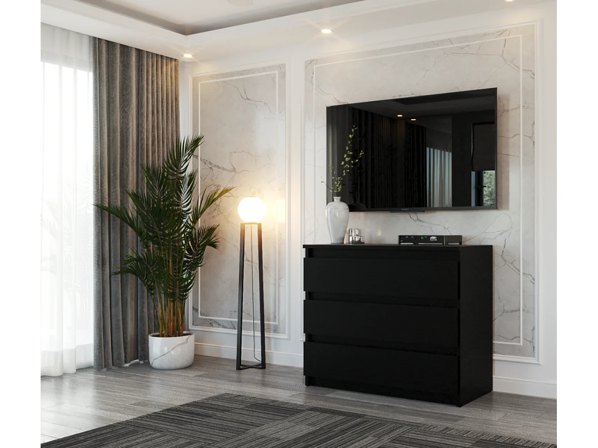 Commode noire avec 3 tiroirs 80 cm – meuble TV, mobilier pour salon et chambre