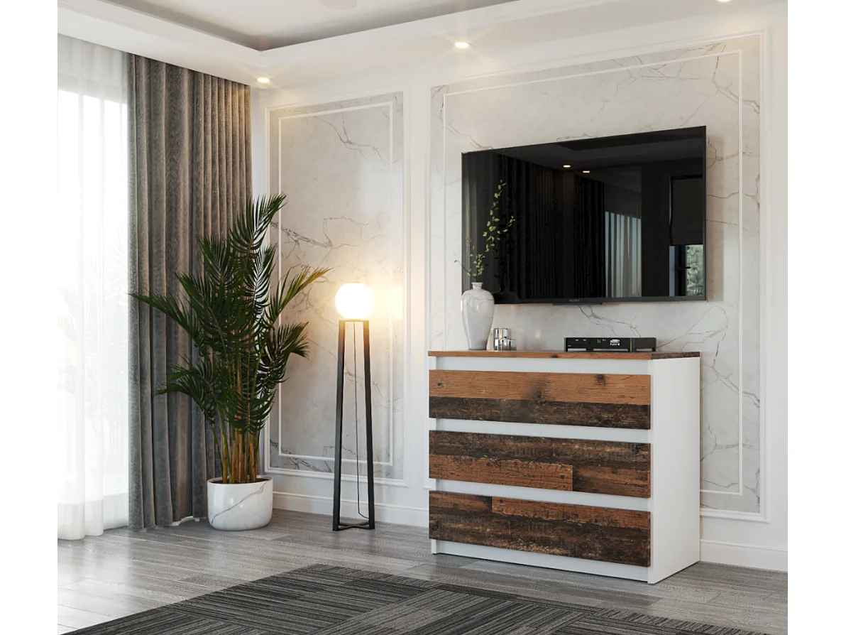 Commode blanche + old vintage avec 3 tiroirs 80 cm – meuble TV, mobilier pour salon et chambre