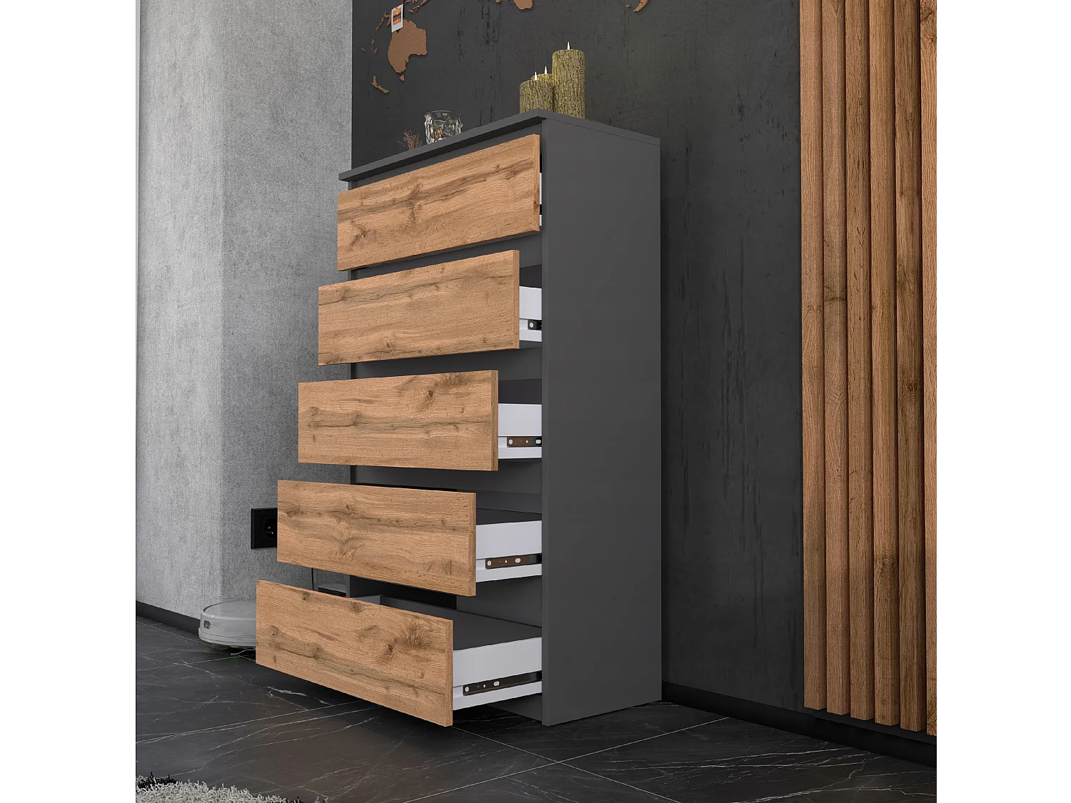 Komoda z 5 Szufladami Stiv-Meble Szary Mat Dąb Wotan Szafka 70x33,5x115 cm 1szt.