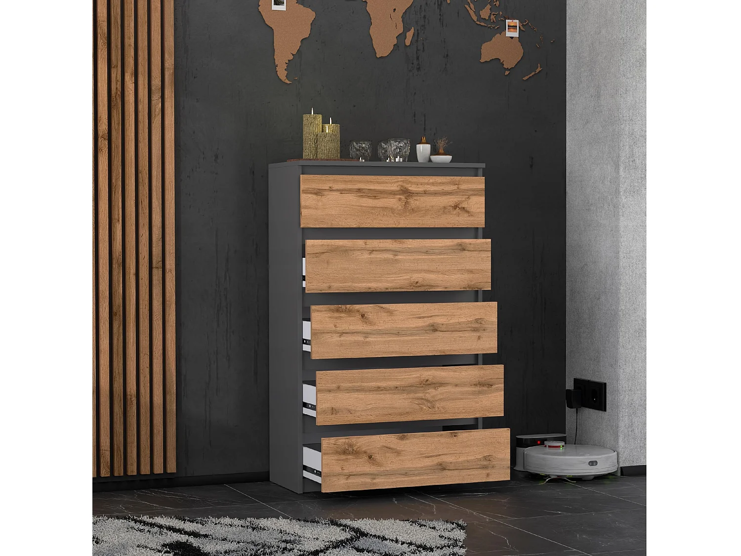 Komoda z 5 Szufladami Stiv-Meble Szary Mat Dąb Wotan Szafka 70x33,5x115 cm 1szt.