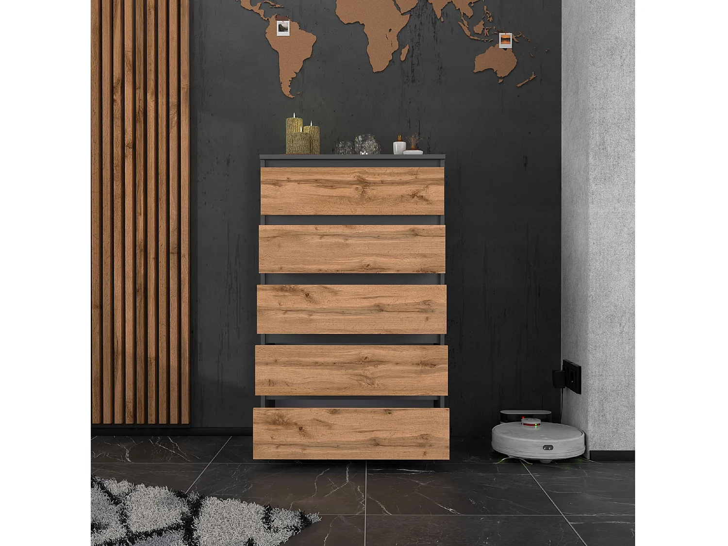Komoda z 5 Szufladami Stiv-Meble Szary Mat Dąb Wotan Szafka 70x33,5x115 cm 1szt.