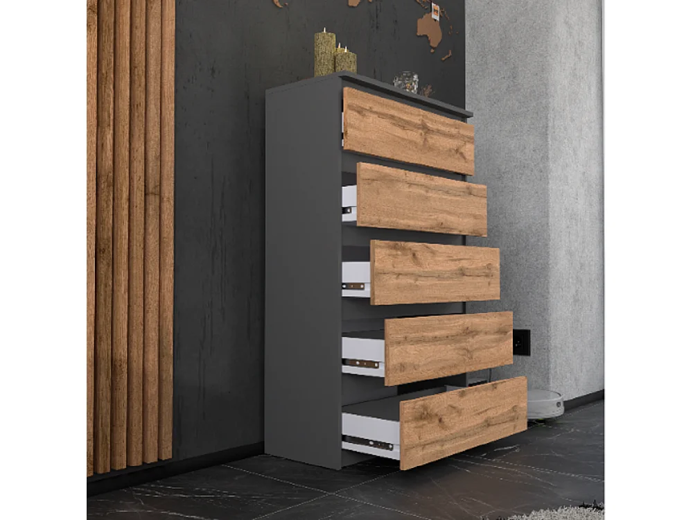 Commode à 5 tiroirs  Gris Chêne Wotan 70 cm – Meuble TV spacieux style loft pour salon