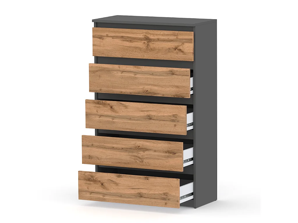 Komoda z 5 Szufladami Stiv-Meble Szary Mat Dąb Wotan Szafka 70x33,5x115 cm 1szt.