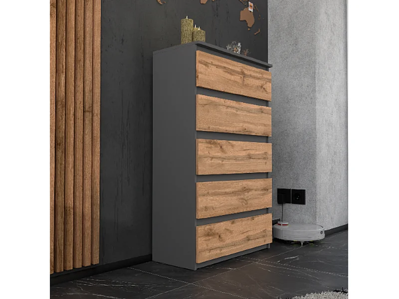 Commode à 5 tiroirs  Gris Chêne Wotan 70 cm – Meuble TV spacieux style loft pour salon