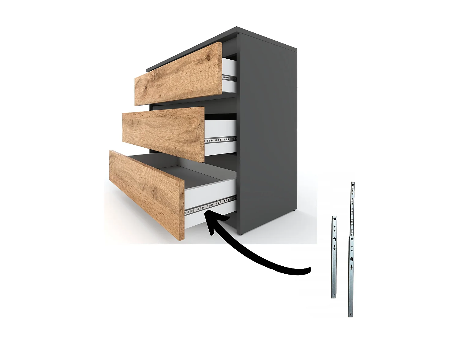 Commode Gris + Chêne Wotan 3 tiroirs 80 cm,  meuble TV pour salon ou chambre