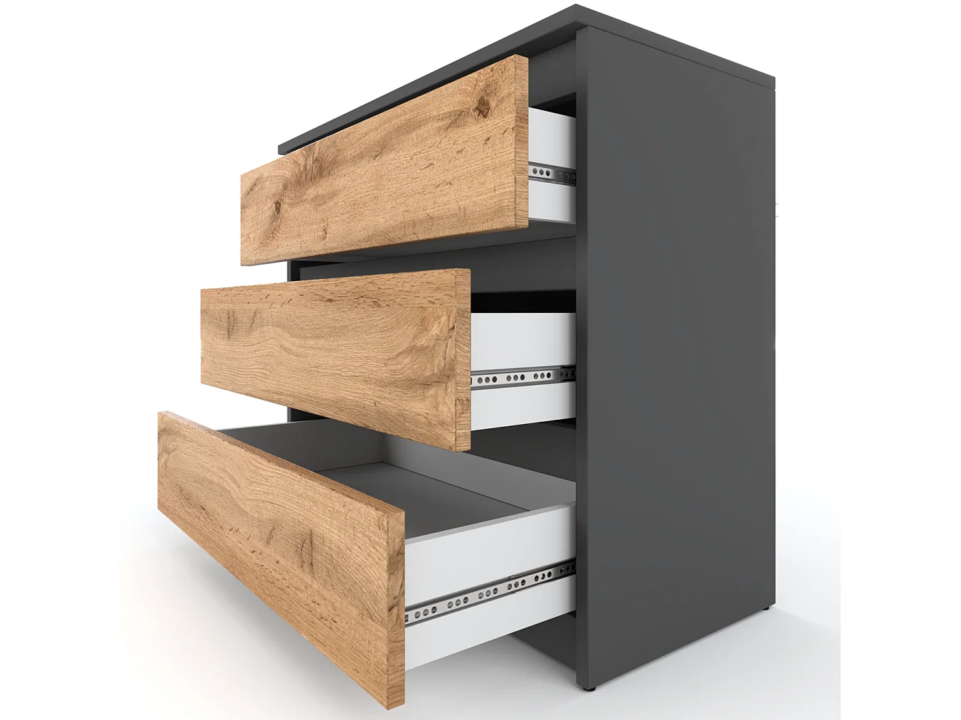 Commode Gris + Chêne Wotan 3 tiroirs 80 cm,  meuble TV pour salon ou chambre