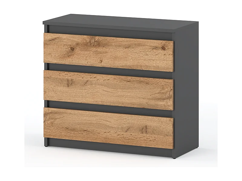 Commode Gris + Chêne Wotan 3 tiroirs 80 cm,  meuble TV pour salon ou chambre