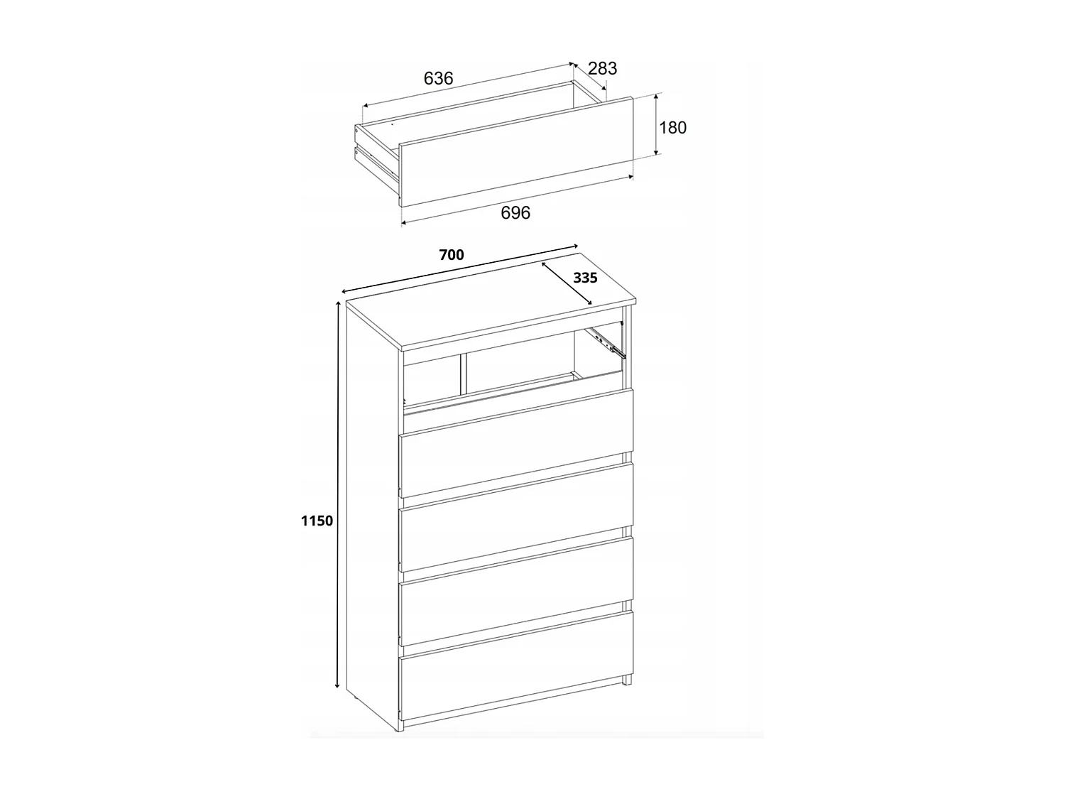 Cómoda blanca moderna, 70 cm, 5 cajones - Mueble TV espacioso para el salón