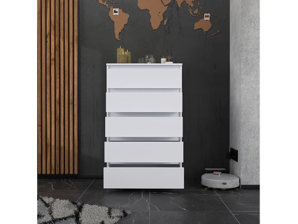Cómoda blanca moderna, 70 cm, 5 cajones - Mueble TV espacioso para el salón