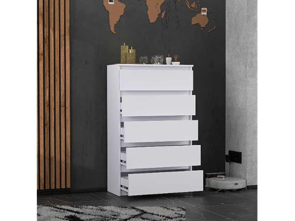 Cómoda blanca moderna, 70 cm, 5 cajones - Mueble TV espacioso para el salón