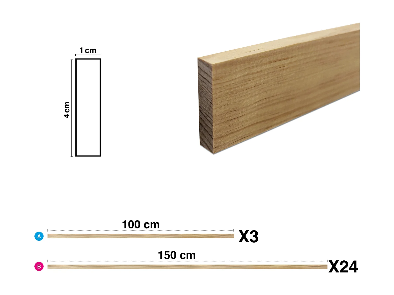 Kit de moulures murales en bois à 26 tasseaux de 150 cm - Pin des Landes - Prêt à coller et peindre - Iris - 3 mètres - Fabrication française
