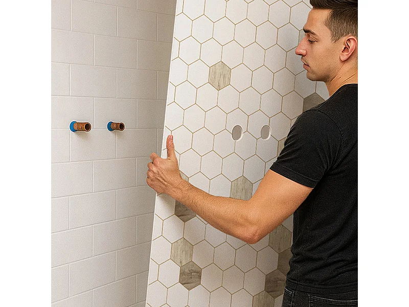 Lot de 2 panneaux de douche en aluminium (90x220 & 120x220 cm) + profilés blanc - Mix Hexa Bois - Effet bois et pierre