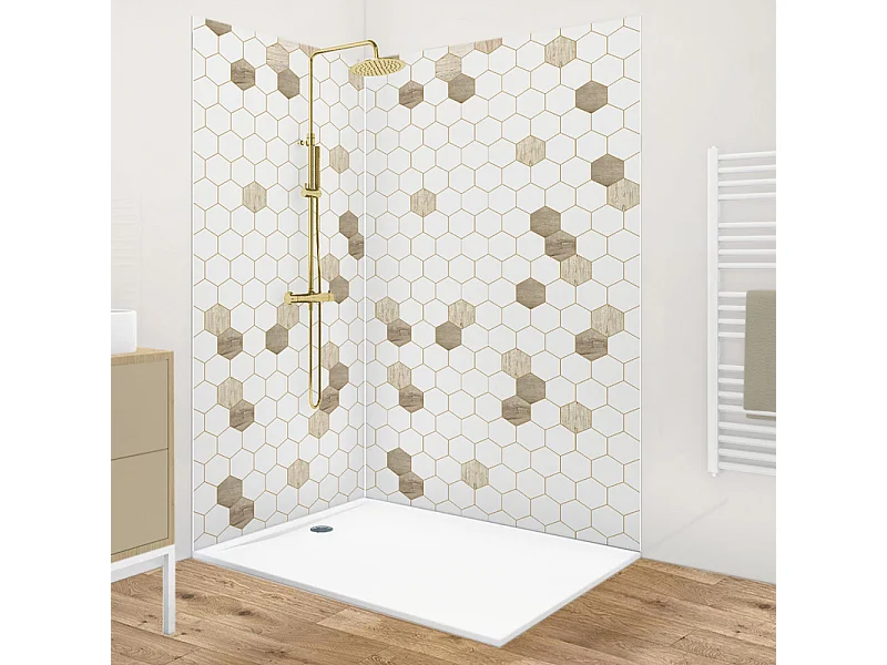 Lot de 2 panneaux de douche en aluminium (90x220 & 120x220 cm) + profilés blanc - Mix Hexa Bois - Effet bois et pierre