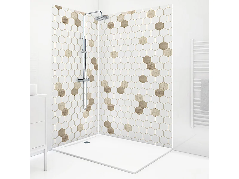 Lot de 2 panneaux de douche en aluminium (90x220 & 120x220 cm) + profilés blanc - Mix Hexa Bois - Effet bois et pierre