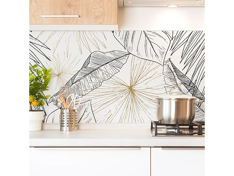 Crédence cuisine en aluminium - floral noir et doré - 240x50 cm (en 2 bandeaux)