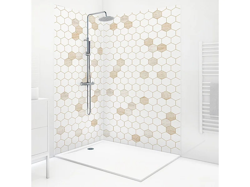Lot de 2 panneaux de douche en PVC (90x220 & 120x220 cm) + profilés blanc - Mix Hexa Travertin - Effet pierre