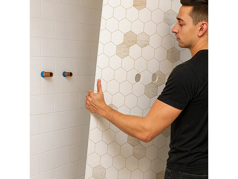 Lot de 2 panneaux de douche en PVC (90x220 & 120x220 cm) + profilés blanc - Mix Hexa Travertin - Effet pierre