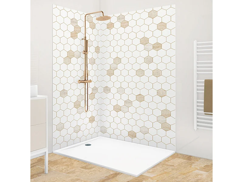 Lot de 2 panneaux de douche en PVC (90x220 & 120x220 cm) + profilés blanc - Mix Hexa Travertin - Effet pierre