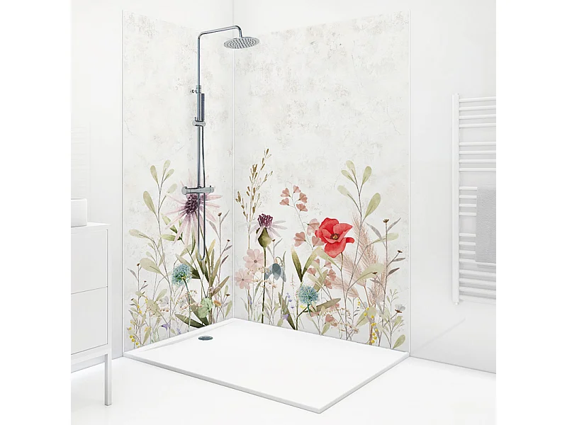 Lot de 2 panneaux de douche en PVC (90x220 & 120x220 cm) + profilés blanc - Herbier - Motif floral aquarelle - Multicouleur