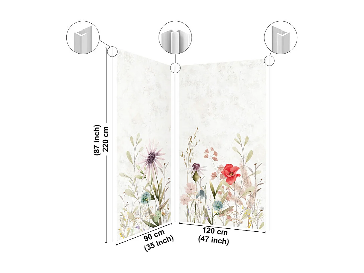 Lot de 2 panneaux de douche en PVC (90x220 & 120x220 cm) + profilés blanc - Herbier - Motif floral aquarelle - Multicouleur