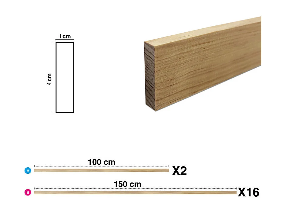 Kit de moulures murales en bois à 16 tasseaux de 150 cm - Pin des Landes - Prêt à coller et peindre - Iris - 2 mètres - Fabrication française