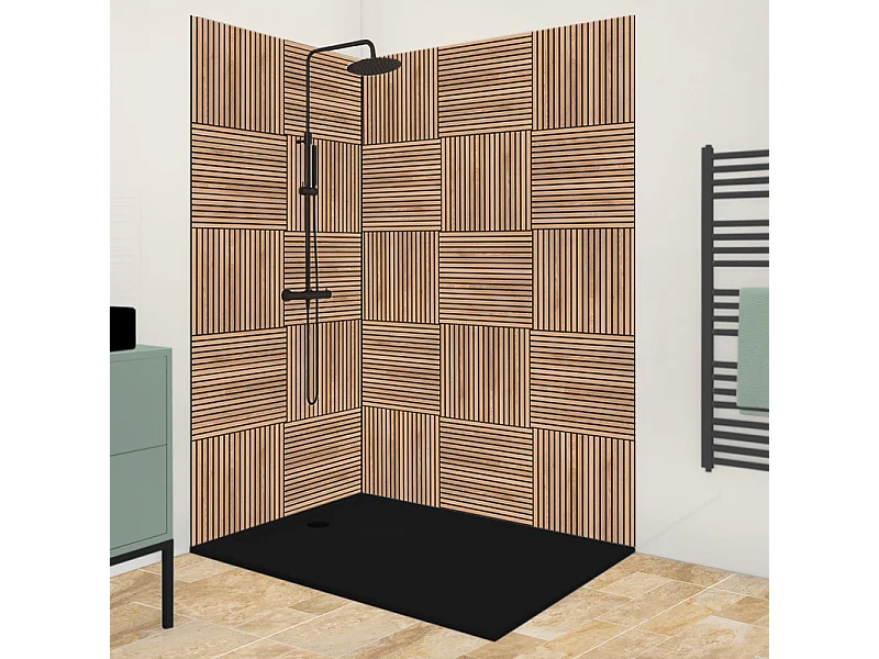 Lot de 2 panneaux de douche en PVC (90x220 & 120x220 cm) effet bois + profilés noir - Wabi Sabi - Marron et noir