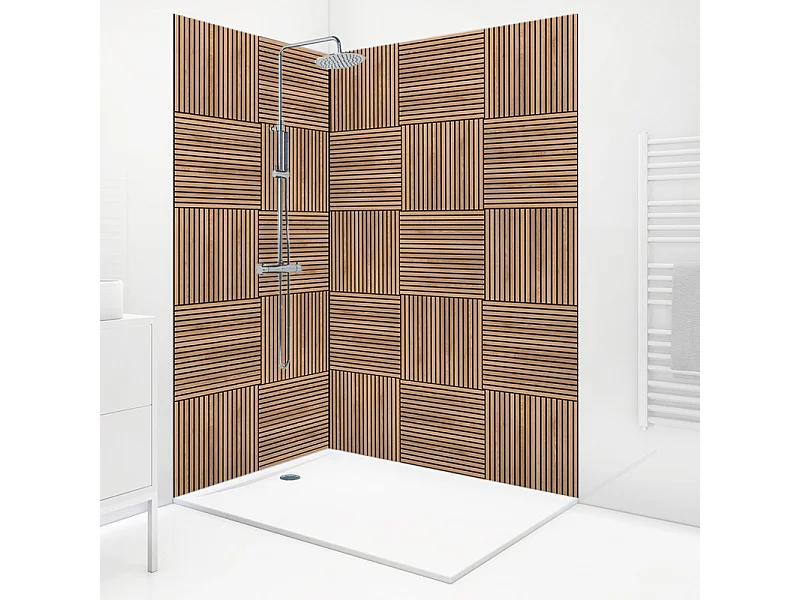 Lot de 2 panneaux de douche en PVC (90x220 & 120x220 cm) effet bois + profilés noir - Wabi Sabi - Marron et noir