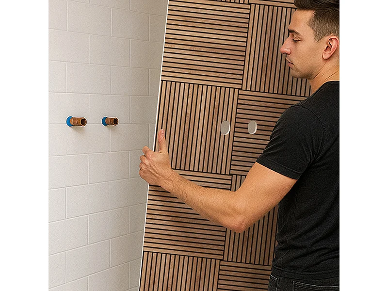 Lot de 2 panneaux de douche en PVC (90x220 & 120x220 cm) effet bois + profilés noir - Wabi Sabi - Marron et noir