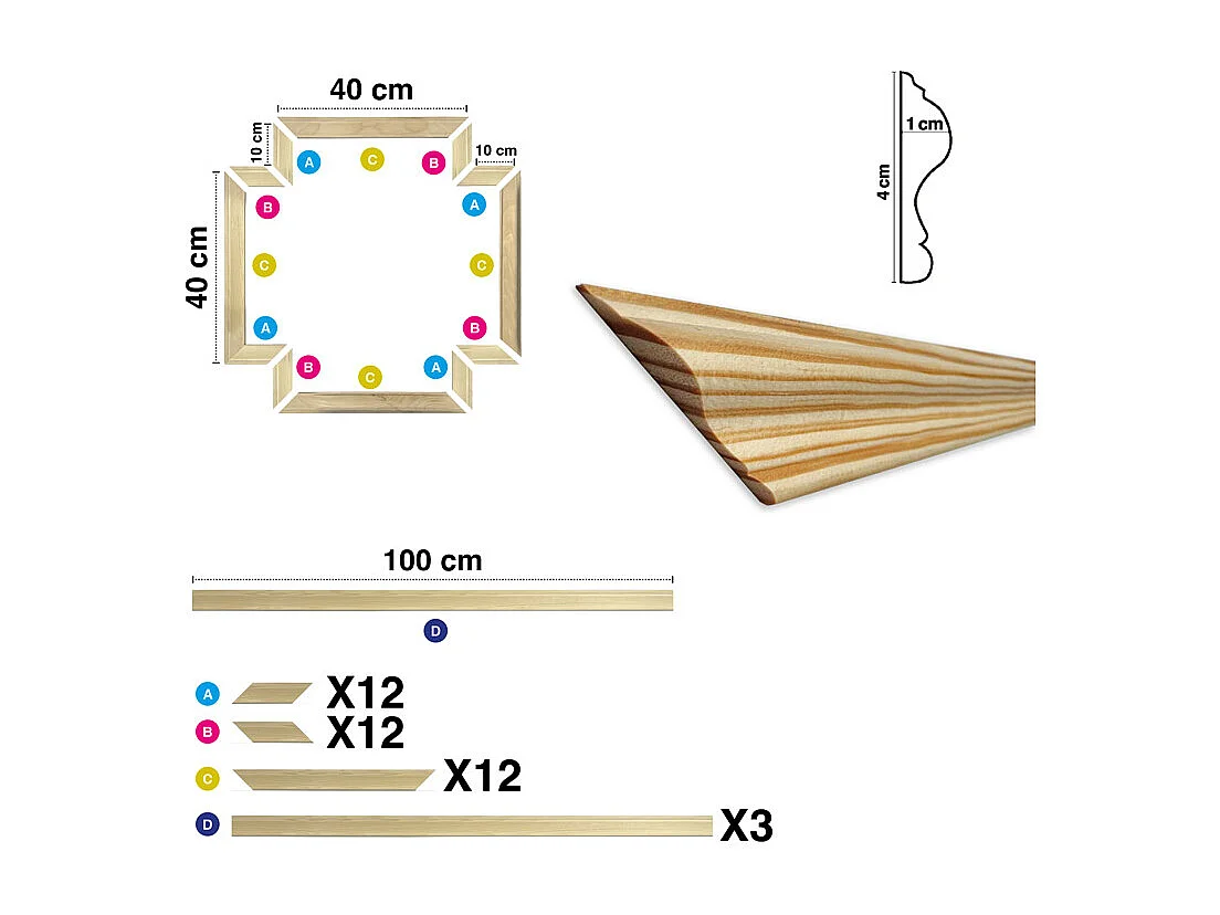 Kit de 3 moulures murales en bois - Pin des Landes - Cimaises, prêtes à coller et peindre - Ambre - 3 mètres - Fabrication française