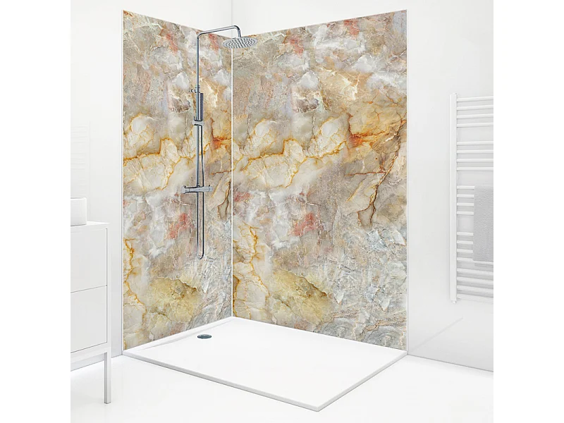 Lot de 2 panneaux de douche en aluminium (90x220 & 120x220 cm) + profilés blanc - Gémologie - Effet pierre marbrée - Beige et gris