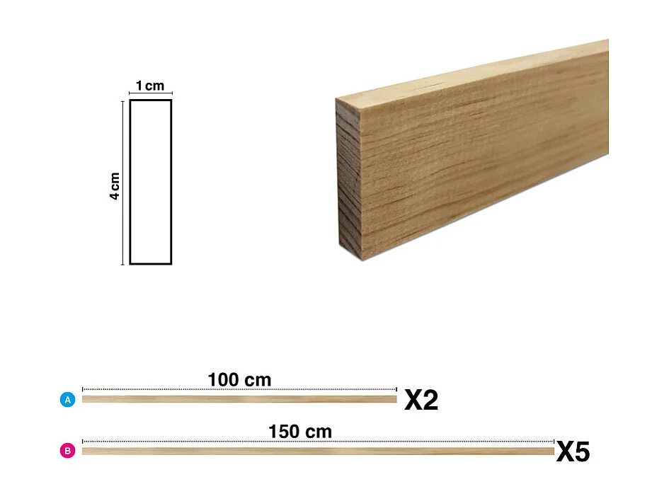 Kit de moulures murales en bois à 5 tasseaux de 150 cm - Pin des Landes - Prêt à coller et peindre - Gabrielle - 2 mètres - Fabrication française
