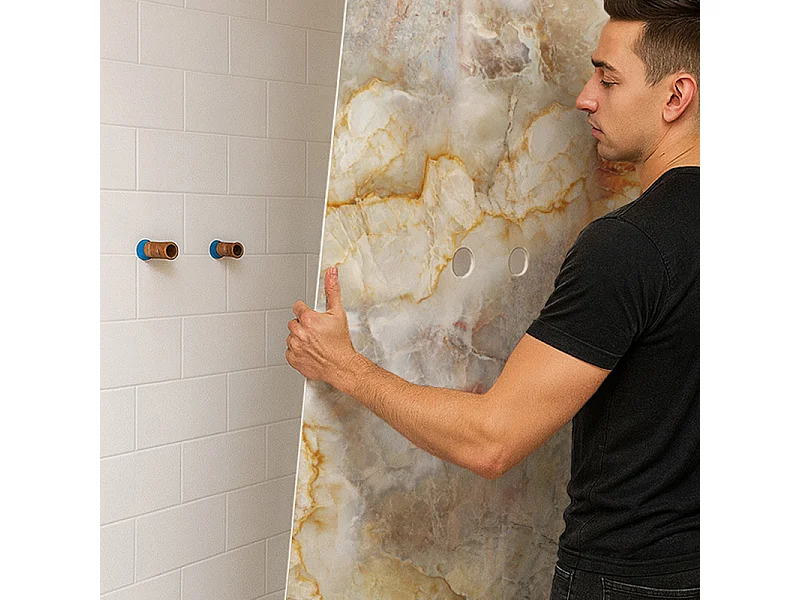 Lot de 2 panneaux de douche en PVC (90x220 & 120x220 cm) + profilés blanc - Gémologie - Effet pierre marbrée - Beige et gris