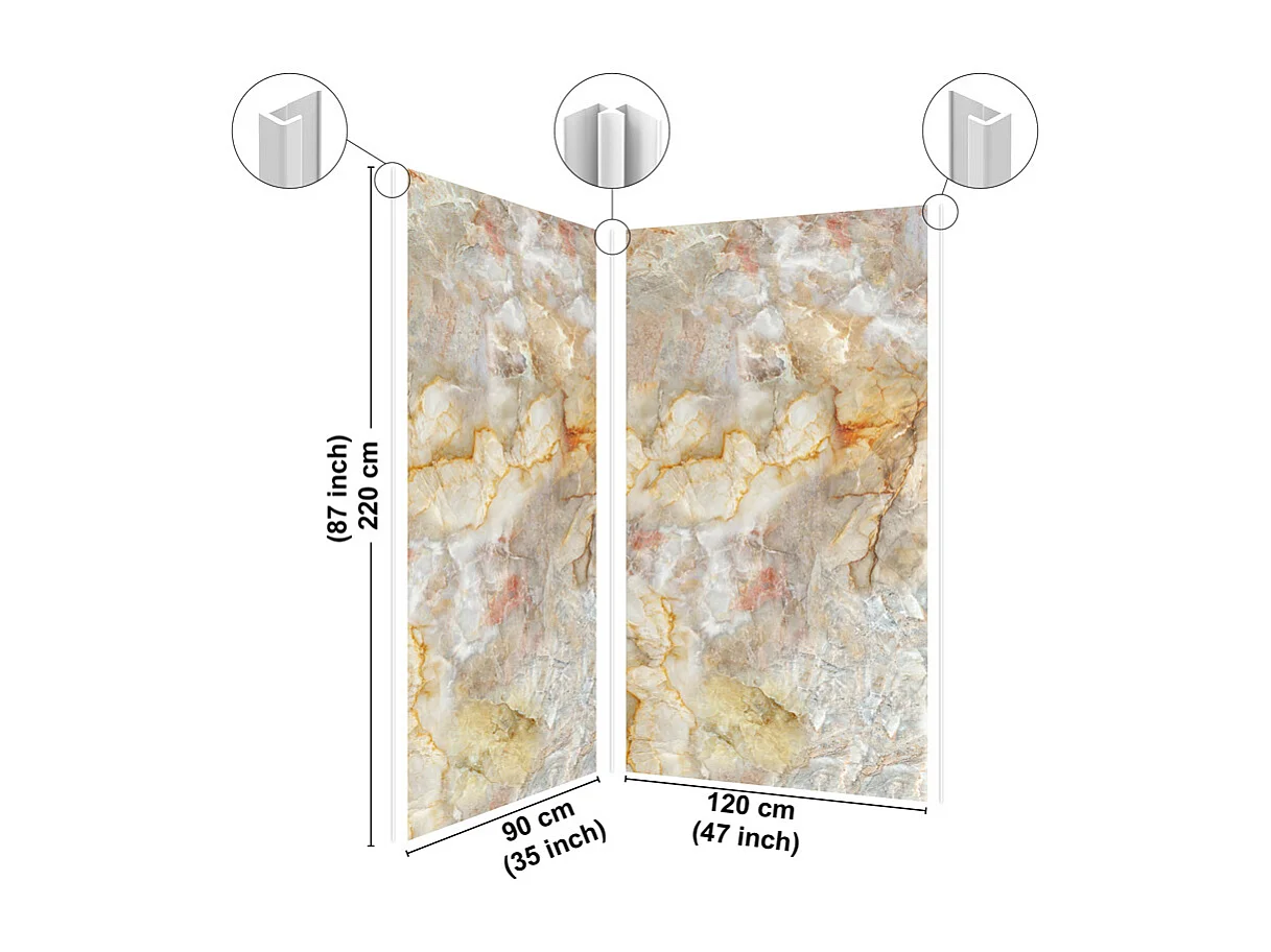 Lot de 2 panneaux de douche en PVC (90x220 & 120x220 cm) + profilés blanc - Gémologie - Effet pierre marbrée - Beige et gris