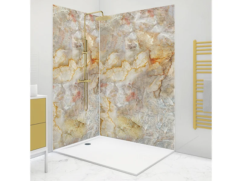 Lot de 2 panneaux de douche en PVC (90x220 & 120x220 cm) + profilés blanc - Gémologie - Effet pierre marbrée - Beige et gris