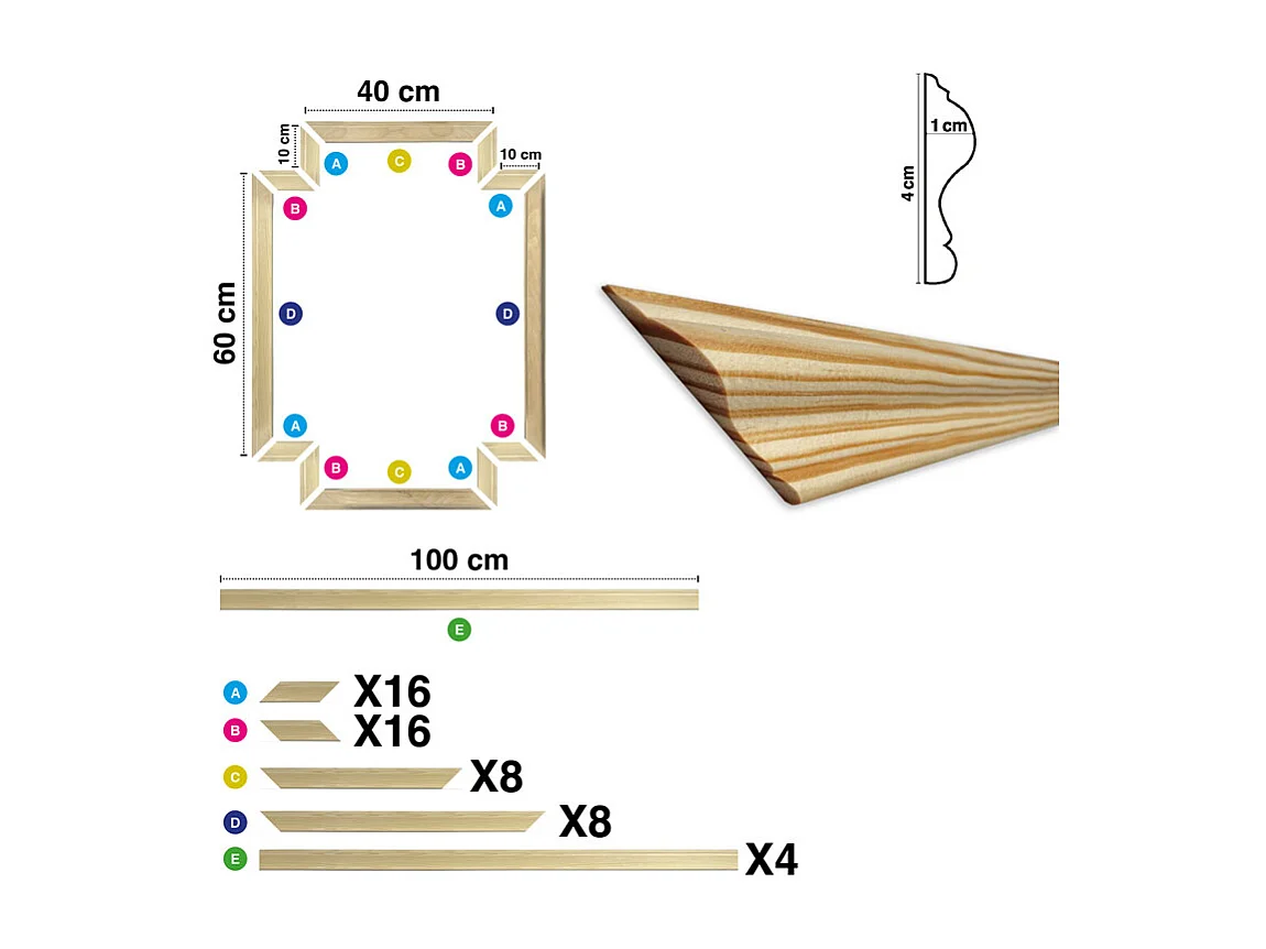 Kit de 4 moulures murales en bois - Pin des Landes - Prêt à coller et peindre - Salomé - 4 mètres - Fabrication française
