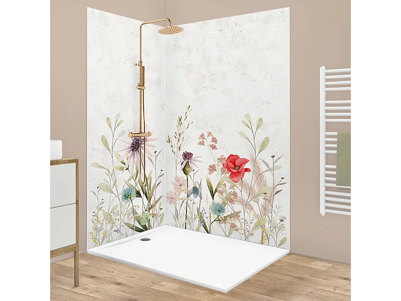 Lot de 2 panneaux de douche en aluminium (90x220 & 120x220 cm) + profilés blanc - Herbier - Motif floral aquarelle - Multicouleur